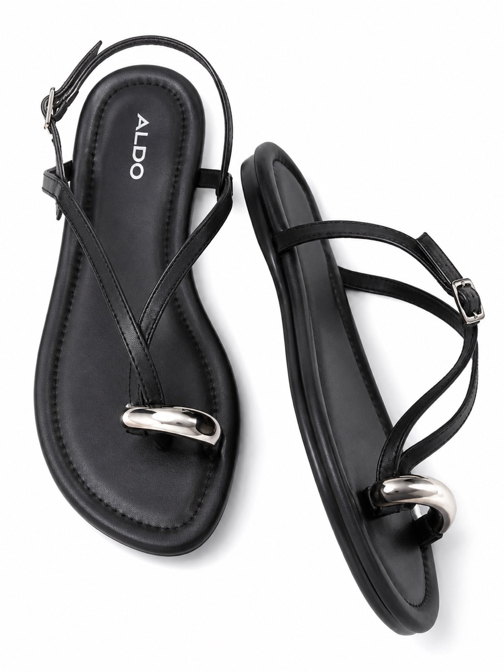 NWT ALDO Black Strappy Flat Sandals Silver Hardware Ankle Strap Women’s 6.5